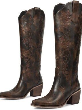 Women' Dark Brown Cowboy Boots Knee High Comfort Vintage Floral Embroidery